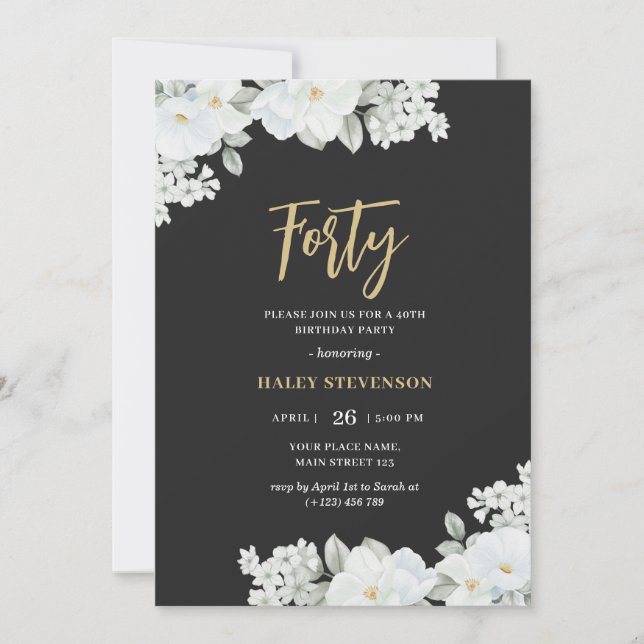 Forty Black & Gold Elegant White Floral Birthday Invitation (Front)