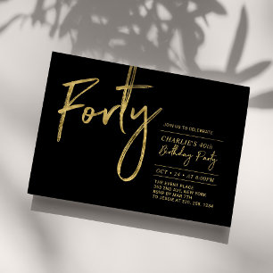 Forty Black & Gold Modern 40th Birthday Party Invitation