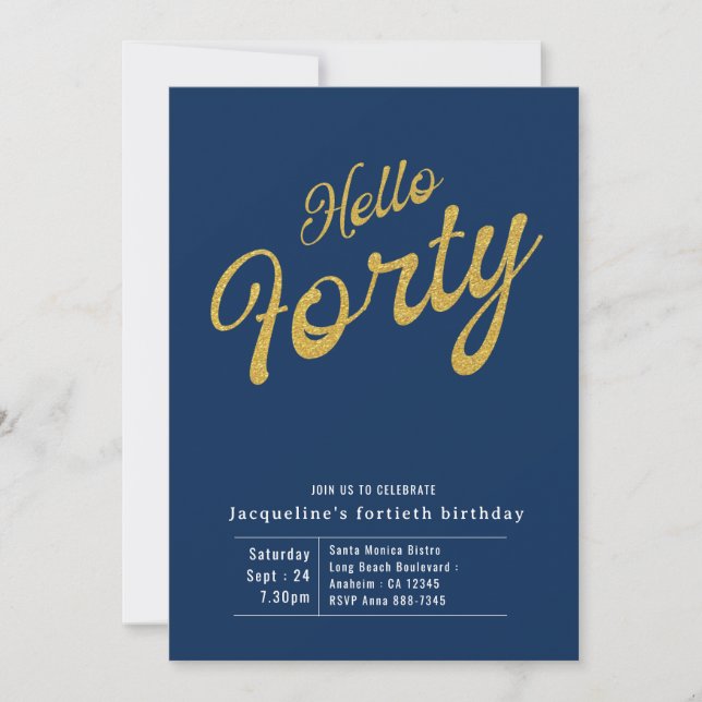 Forty Blue Gold Modern 40th Birthday Invitation (Front)