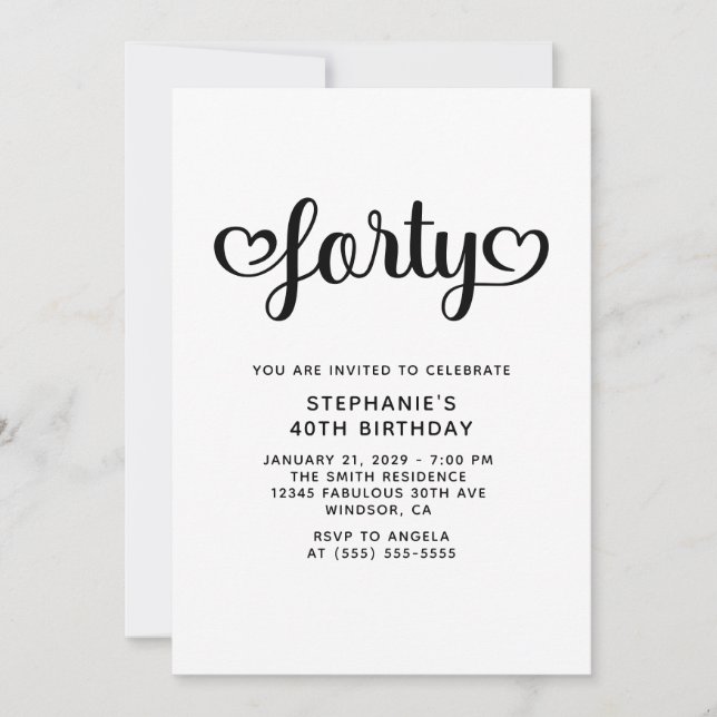 Forty Cute Hearts Script 40th Birthday Invitation (Front)