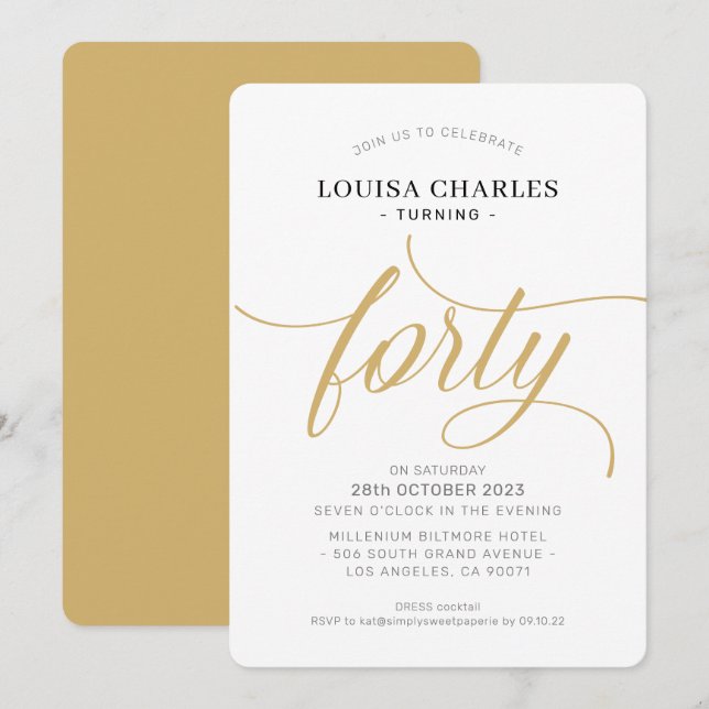 FORTY elegant birthday chic script modern gold Invitation (Front/Back)