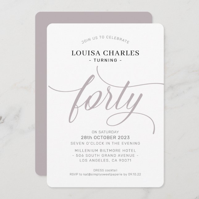 FORTY elegant birthday chic script modern mushroom Invitation (Front/Back)