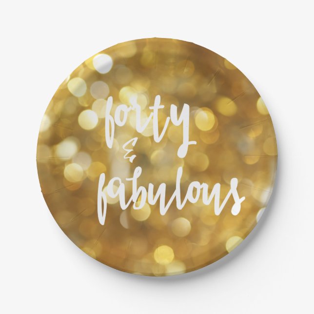 Forty & Fabulous - 40th Birthday Gold Sparkles Paper Plate (Front)