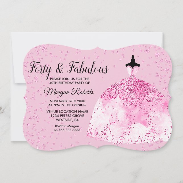 Forty & Fabulous 40th Birthday Party Pink Glitter Invitation (Front)