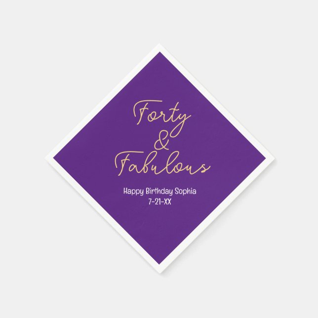 Forty & Fabulous, Birthday Name, Deep Purple/Gold Napkin (Corner)