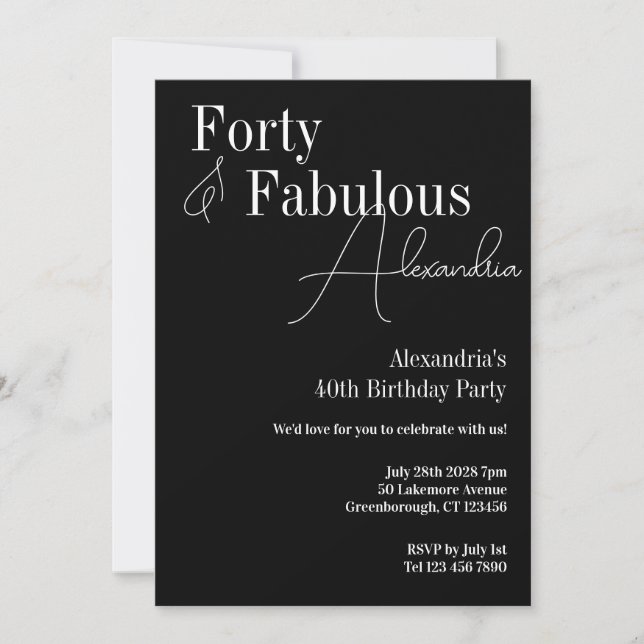 Forty Fabulous Black and White Birthday Party Invitation (Front)