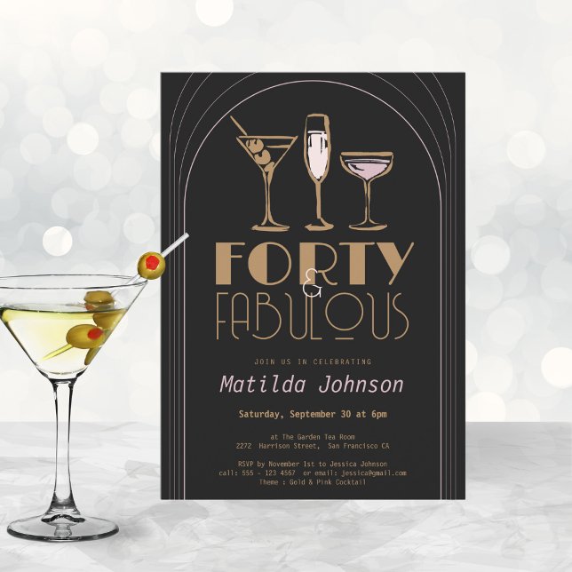 Forty Fabulous Cocktail Gold Black 40th Birthday Invitation (Mockup View)