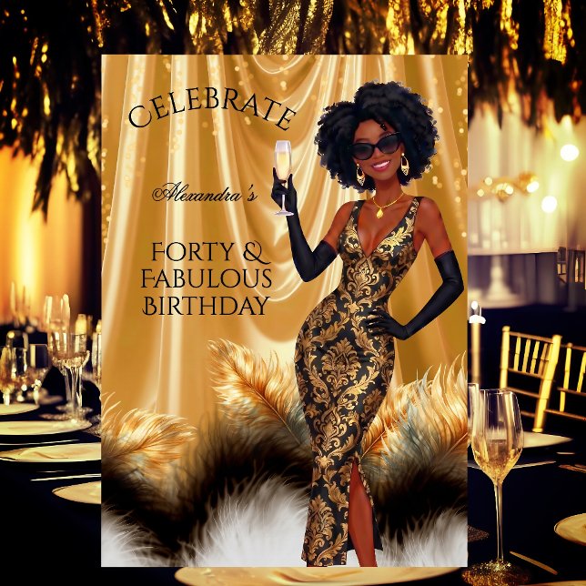 Forty Fabulous Elegant Birthday Gold Black Ethnic Invitation (Creator Uploaded)