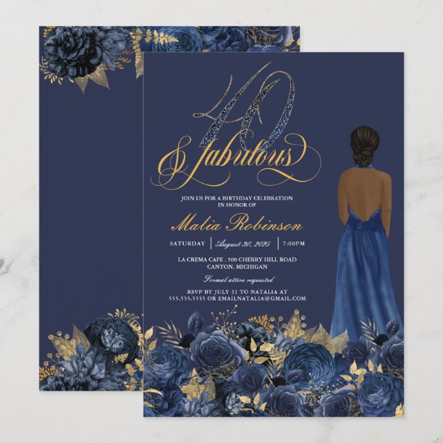 Forty & Fabulous Elegant Sapphire Formal Birthday  Invitation (Front/Back)