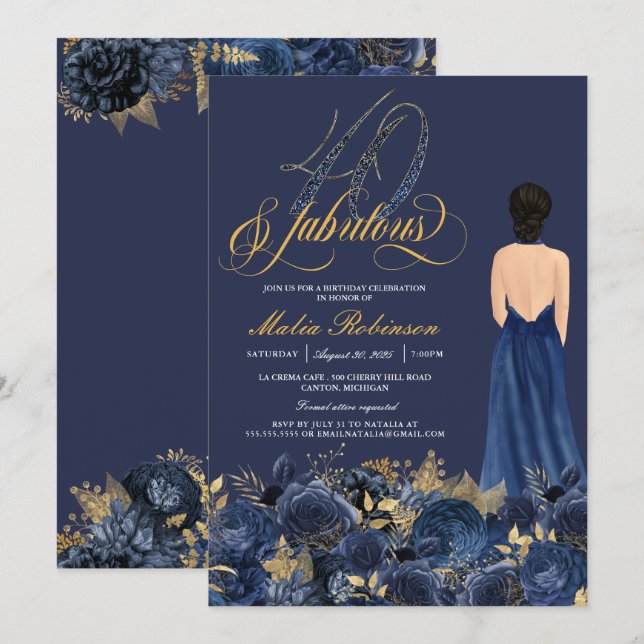 Forty & Fabulous Elegant Sapphire Formal Birthday Invitation (Front/Back)