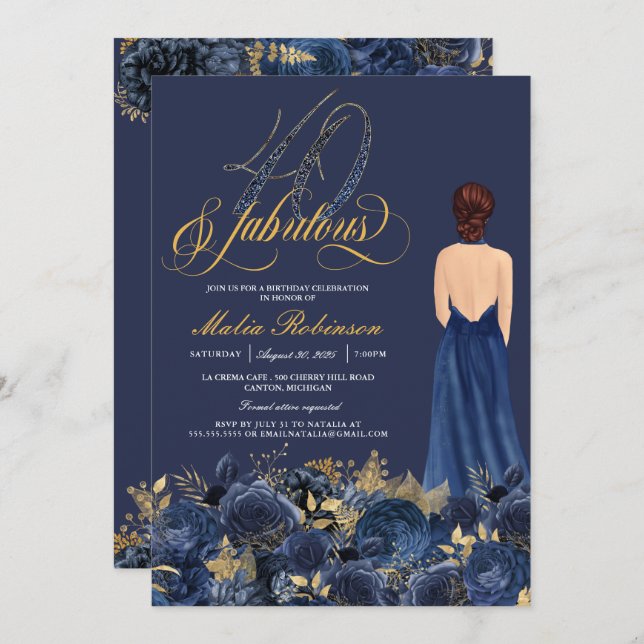 Forty & Fabulous Formal Blue & Gold Adult Birthday Invitation (Front/Back)
