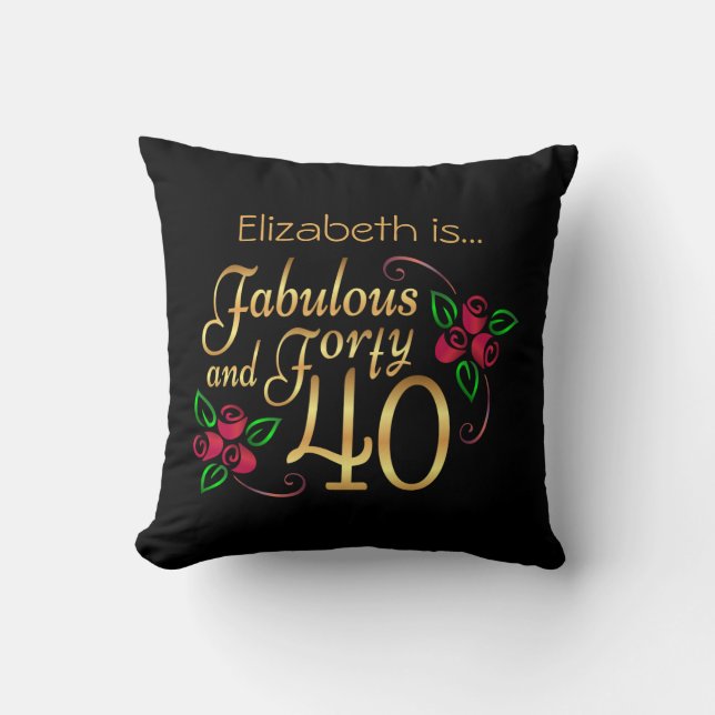 Forty Fabulous Gold Black Red Roses Birthday  Cushion (Front)