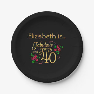 Forty Fabulous Gold Black Red Roses Birthday Paper Plate