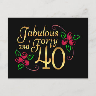 Forty Fabulous Gold Black Red Roses Birthday Postcard
