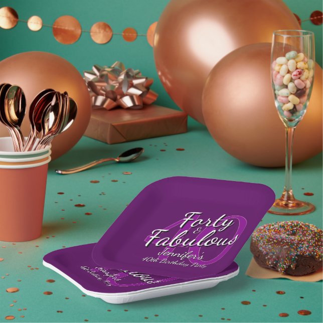 Forty & Fabulous Pink Purple 40th Birthday Square Paper Plate (Multi)