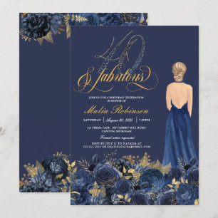 Forty & Fabulous  Sapphire Blue & Gold Birthday Invitation