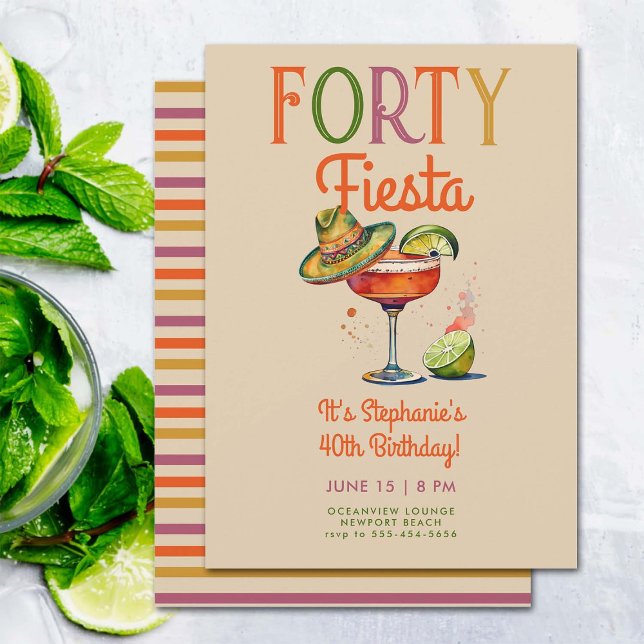 Forty Fiesta Colourful Margarita 40th Birthday Invitation (fiesta party theme 40th birthday women colorful margarita cocktail glass watercolor orange green)