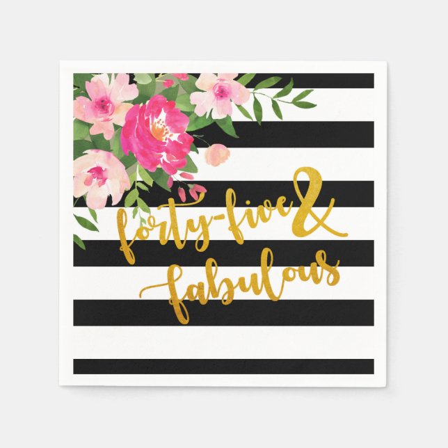 Forty Five & Fabulous Napkin - Black/White Stripes (Front)