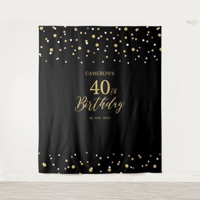 Forty | Gold & Black 40th Birthday Party Backdrop Tapestry (Front)