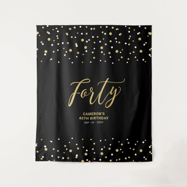 Forty | Gold & Black 40th Birthday Party Backdrop Tapestry (Front)