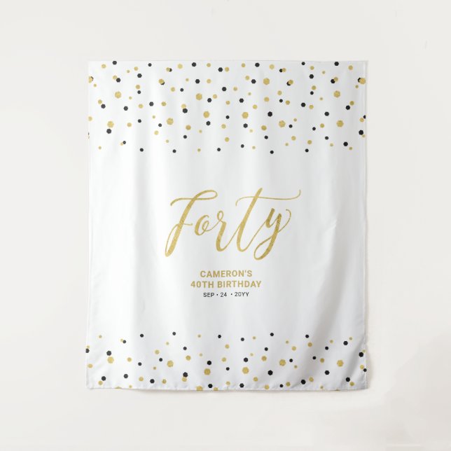 Forty | Gold & Black 40th Birthday Party Backdrop Tapestry (Front)