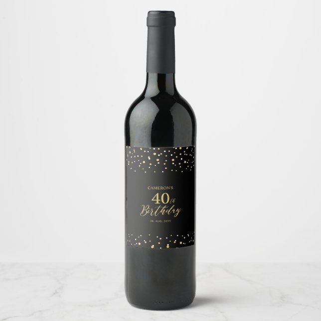 Forty Gold & Black Confetti 40th Birthday Party Wine Label (Front)
