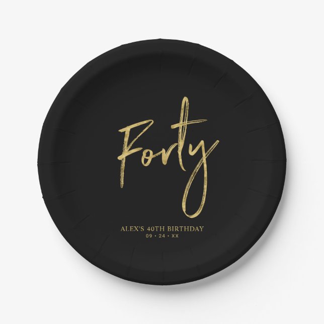 Forty | Gold & Black Lettering 40th birthday Paper Plate (Front)