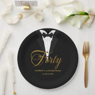 Forty   Gold & Black Lettering 40th Birthday Paper Plate