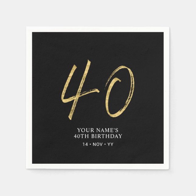 Forty | Gold & Black Lettering 40th Birthday Party Napkin (Front)
