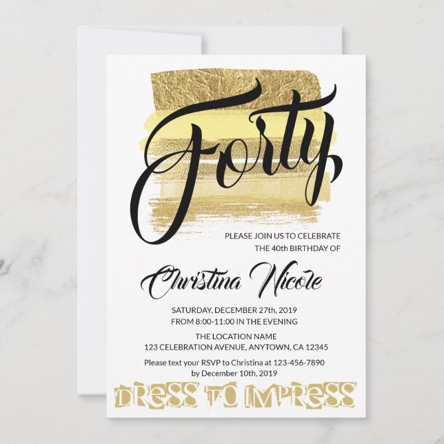 Forty Gold brush strokes Glam Birthday Party Women Invitation (Front)