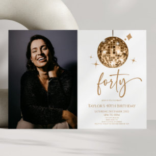 Forty Gold Disco Ball Photo 40th Birthday Party Invitation