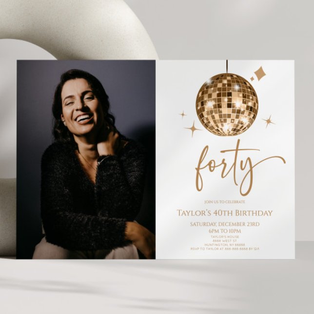 Forty Gold Disco Ball Photo 40th Birthday Party Invitation (Creator Uploaded)