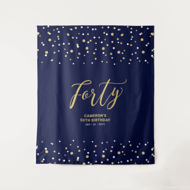 Forty | Gold & Navy 40th Birthday Party Backdrop Tapestry (Front)