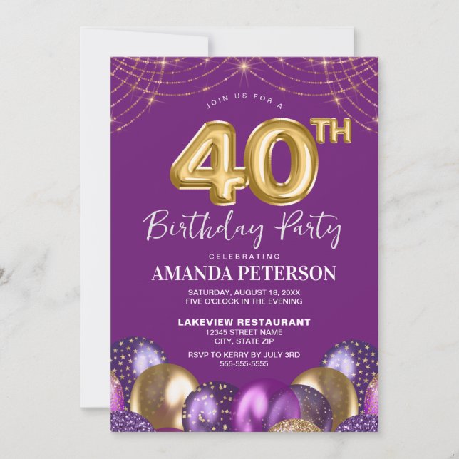 Forty Gold Purple Balloons 40th Birthday Party Invitation (Front)