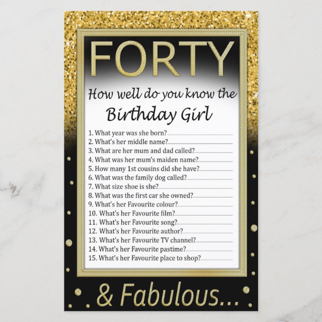 Forty How well do you know the birthday girl (Front)