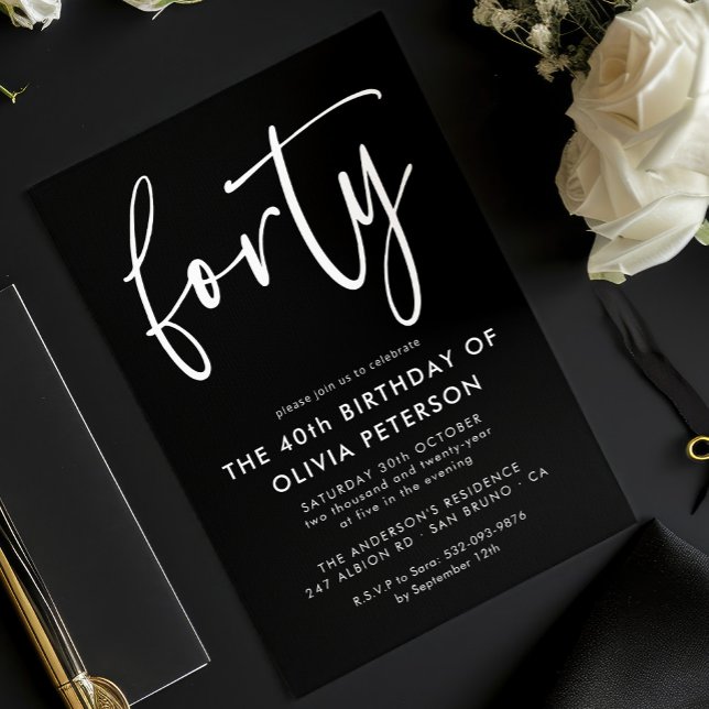 Forty | Modern 40th White on Black Birthday Party Invitation (Creator Uploaded)