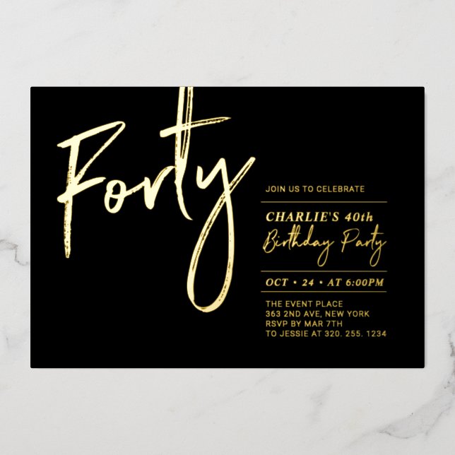 Forty | Modern Black Gold 40th Birthday Party (Front)