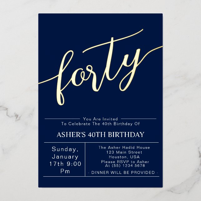 Forty | Modern Blue & Gold Script 40th Birthday  (Front)