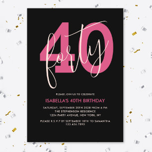 Forty Modern Bold Black & Pink 40th Birthday Invitation