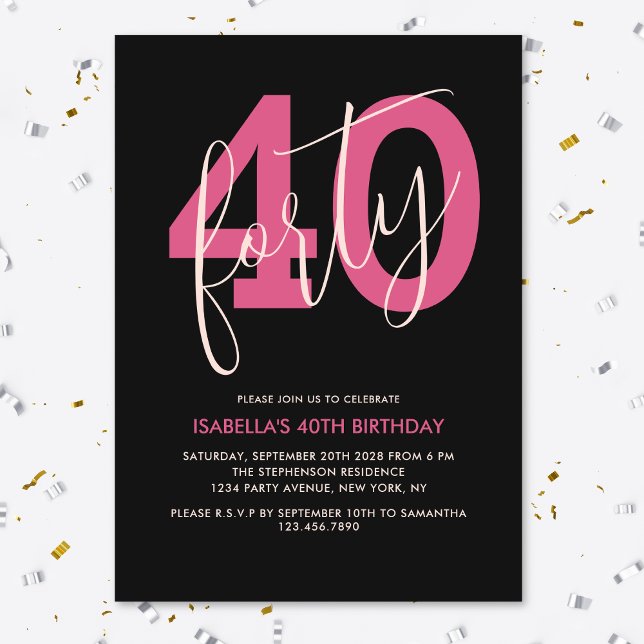 Forty Modern Bold Black & Pink 40th Birthday Invitation (Creator Uploaded)