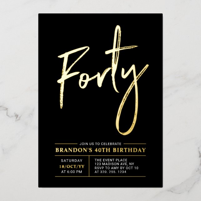 Forty | Modern Gold & Black 40th Birthday Party (Front)