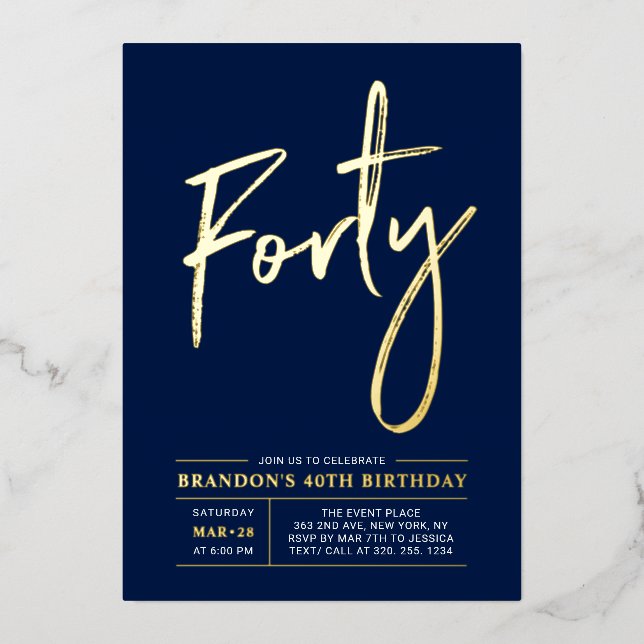Forty | Modern Gold Navy 40th Birthday Party (Front)