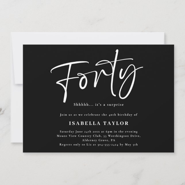 Forty Modern Minimalist Black White 40th Birthday Invitation (Front)
