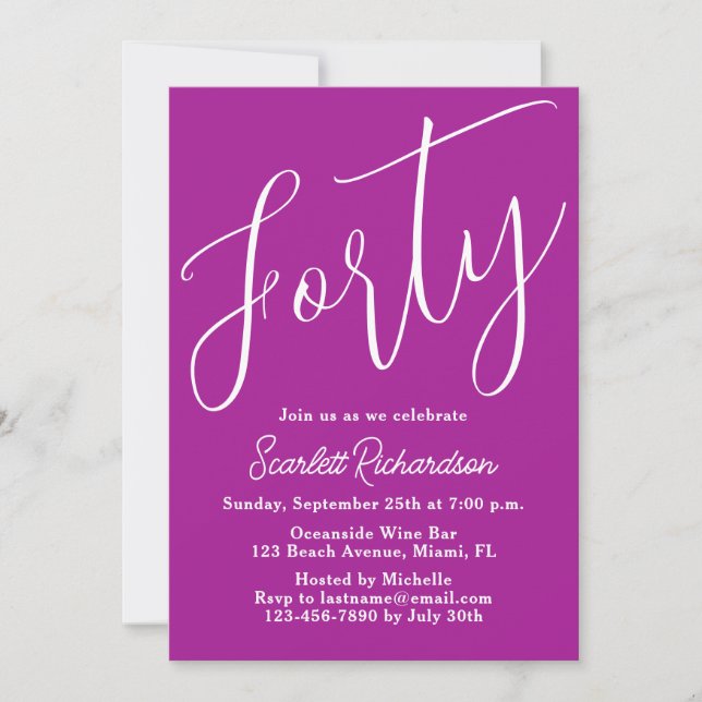 Forty Modern Script Dark Pink 40th Birthday Party Invitation (Front)