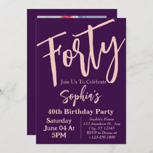 Forty Pink Purple Modern 40th Birthday Party Invitation