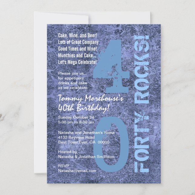 Forty Rocks! 40th Birthday Blue Jeans Grunge Invitation (Front)