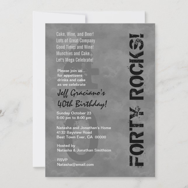 Forty Rocks! 40th Birthday Dark Grey Clouds Invitation (Front)