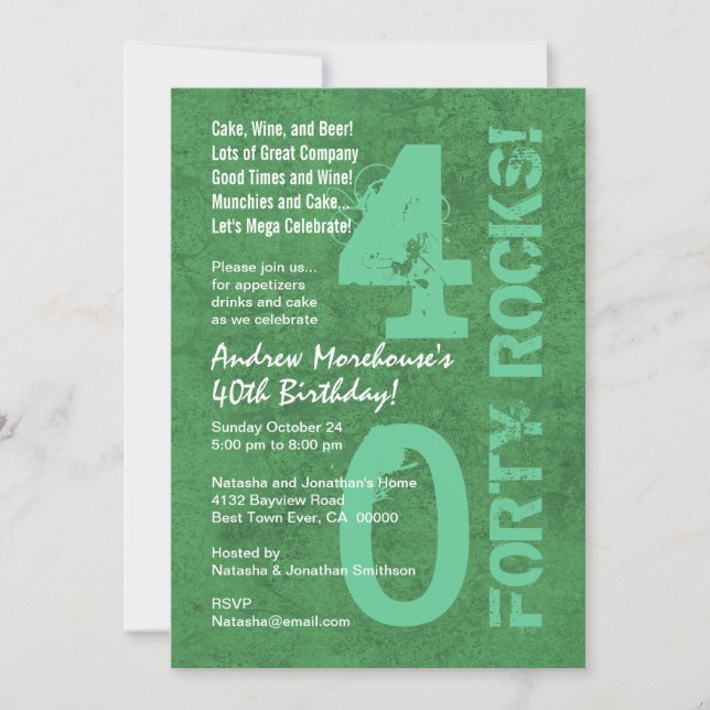 Forty Rocks! 40th Birthday Green White Template (Front)