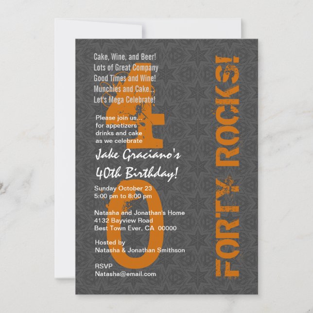 Forty Rocks! 40th Birthday Grey Stars Orange Invitation (Front)