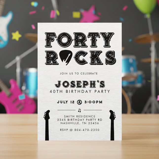 Forty Rocks Guitar Pick 40th Birthday Party Invitation (Creator Uploaded)